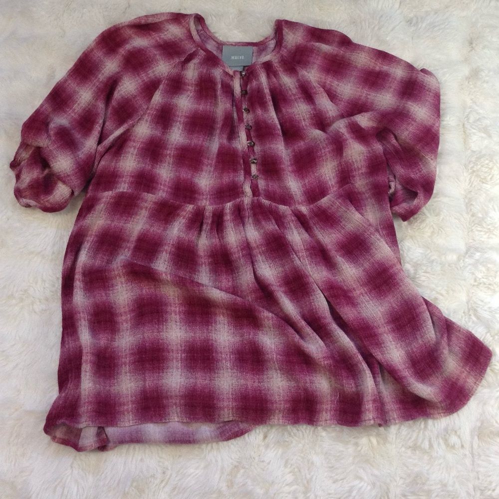 Maeve Burgundy and Beige Button-Up Pullover Top Sz XS